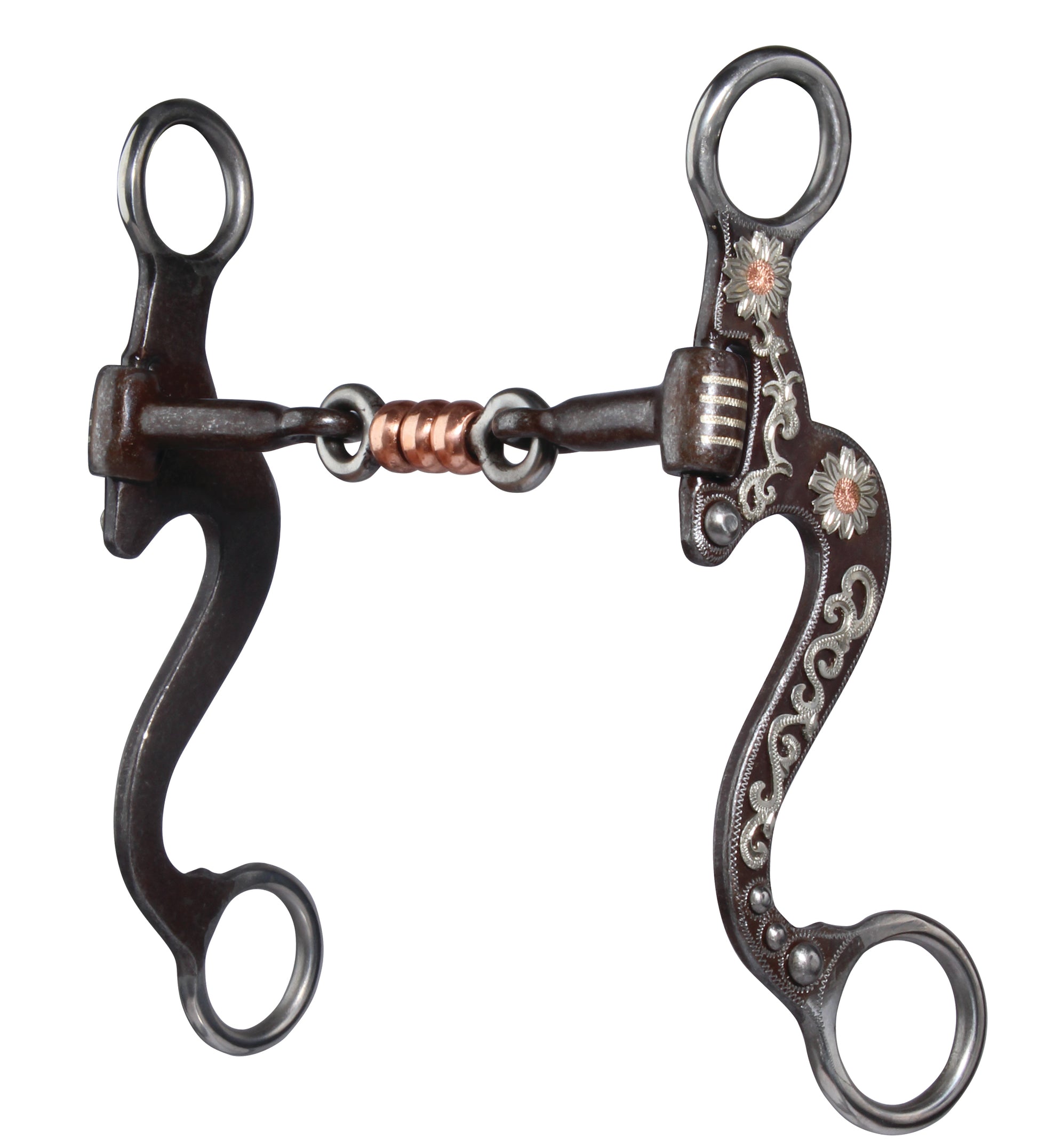 a three piece bit with brown shanks that have floral overlay detail on a white background