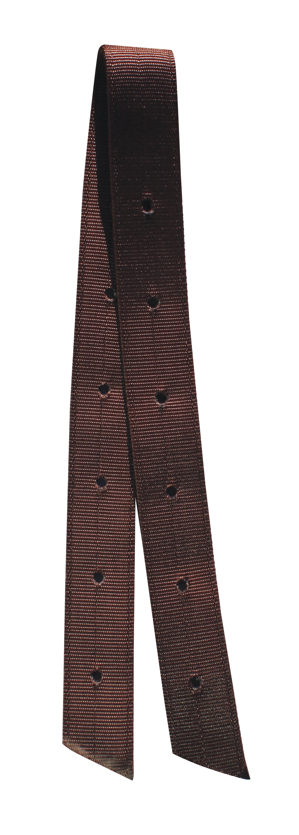 A chocolate-colored nylon off billet with multiple punch holes, used for saddle parts in equestrian tack.