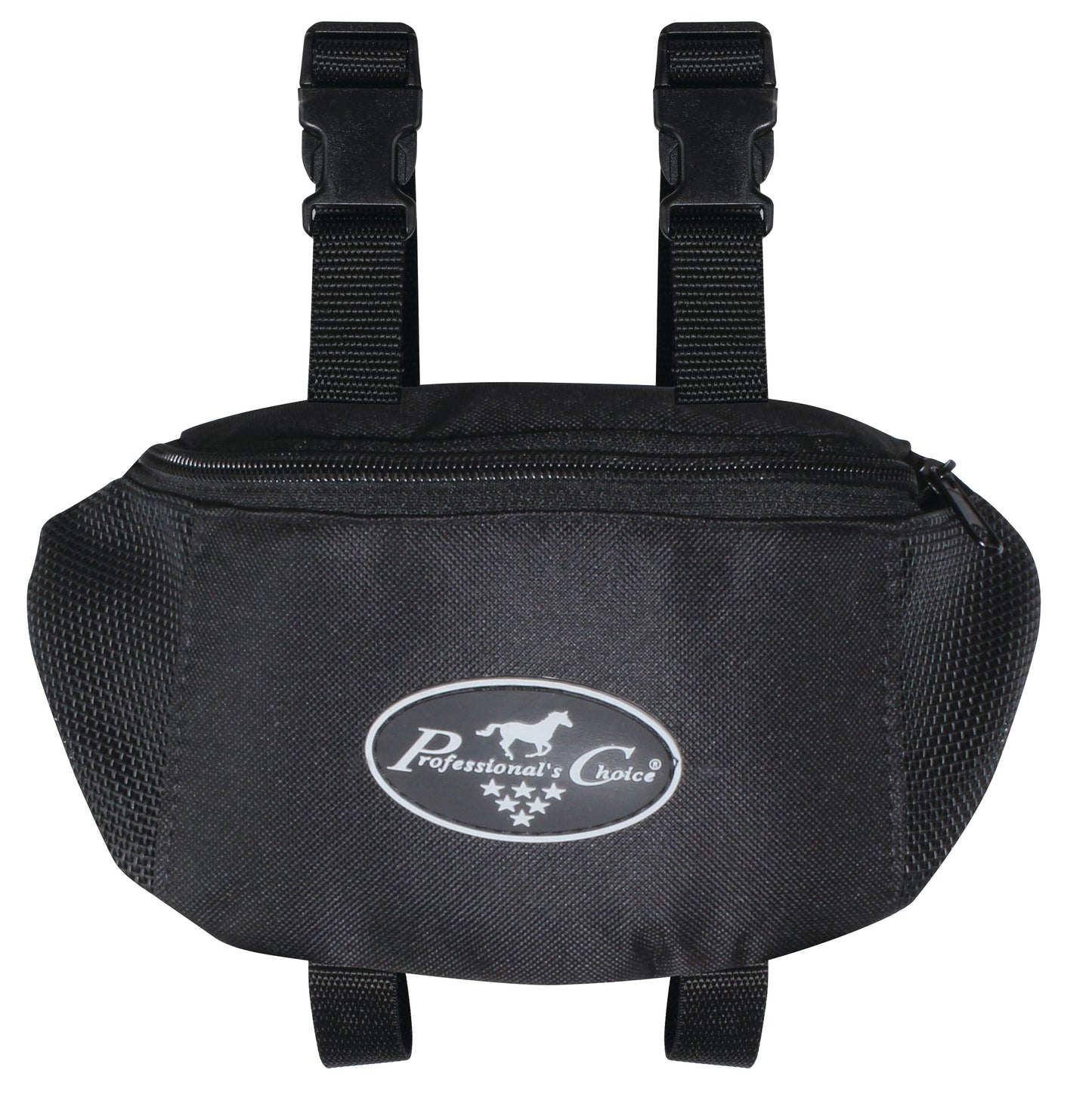 A black Professional's Choice pommel bag made from 600D polyester, featuring mesh panels and straps for ventilation and carrying cell phone, keys, and other necessities for trail riding.