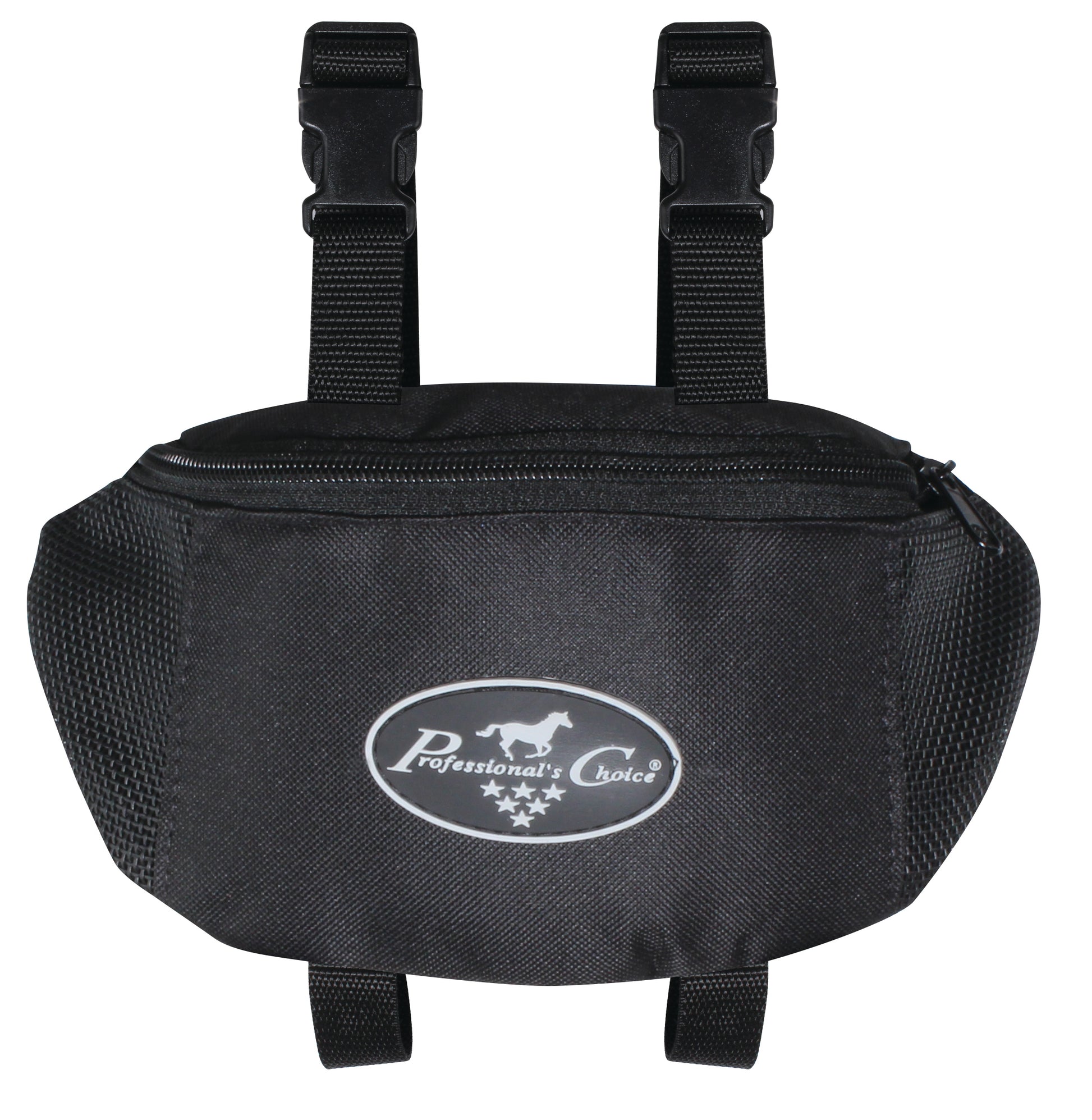 A black Professional's Choice pommel bag made from 600D polyester, featuring mesh panels and straps for ventilation and carrying cell phone, keys, and other necessities for trail riding.