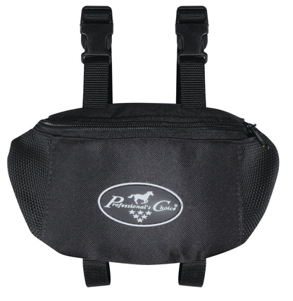 A black Professional's Choice pommel bag made from 600D polyester, featuring mesh panels and straps for ventilation and carrying cell phone, keys, and other necessities for trail riding.