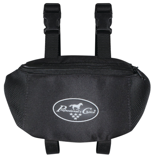 A black Professional's Choice pommel bag made from 600D polyester, featuring mesh panels and straps for ventilation and carrying cell phone, keys, and other necessities for trail riding.