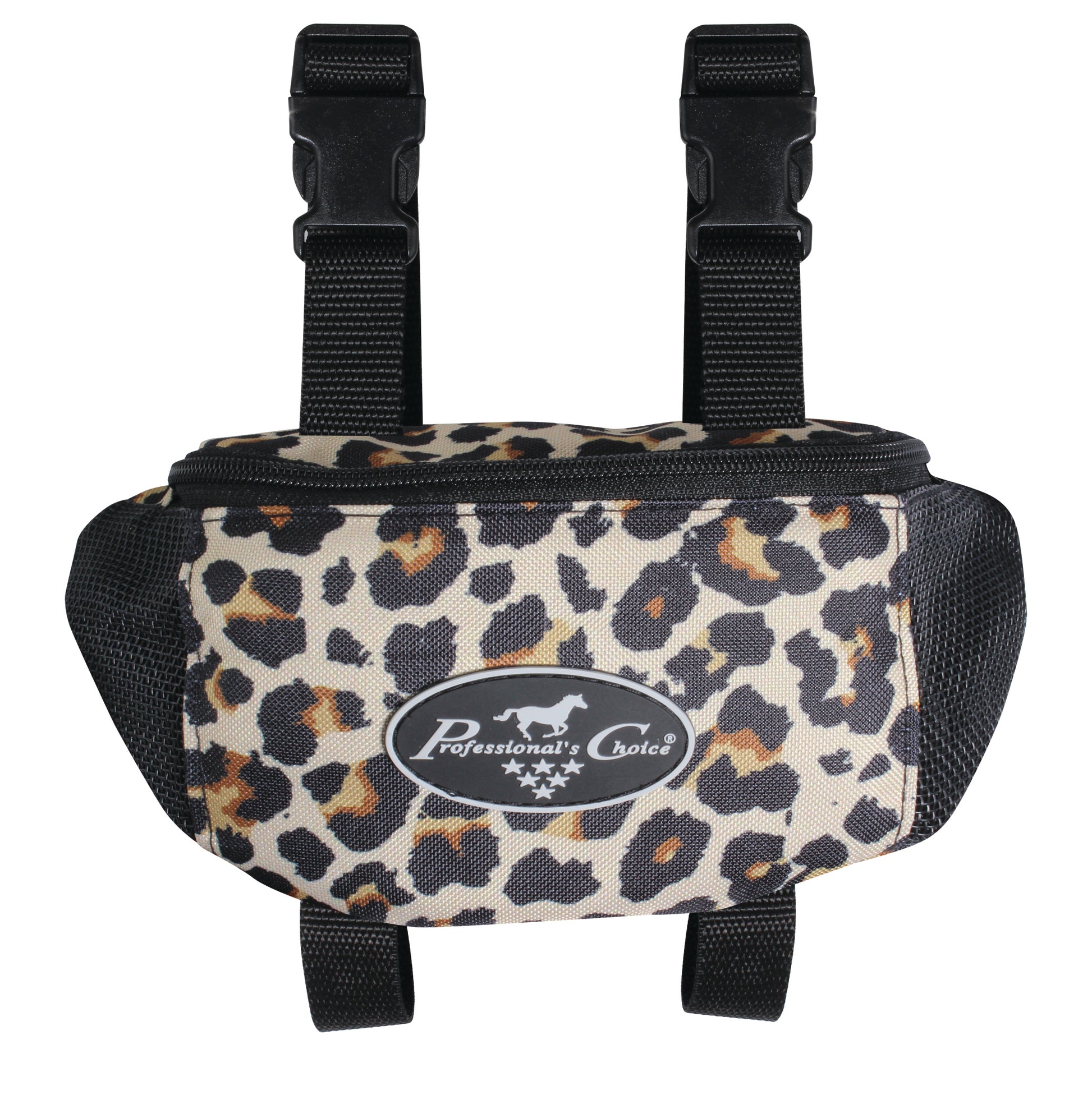 A leopard print Professional's Choice pommel bag made from 600D polyester, featuring mesh panels and straps for ventilation and carrying cell phone, keys, and other necessities for trail riding.