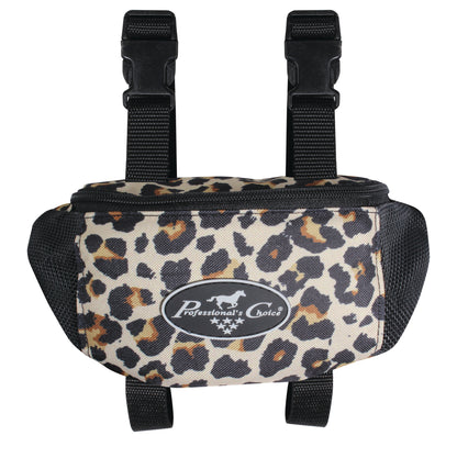A leopard print Professional's Choice pommel bag made from 600D polyester, featuring mesh panels and straps for ventilation and carrying cell phone, keys, and other necessities for trail riding.