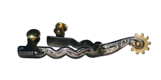 A pair of blued and silver spurs with a 2-inch shank and a 10-point rowel, designed for equestrian use.