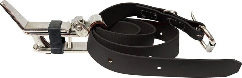 a metal and black strap item used for roping practise