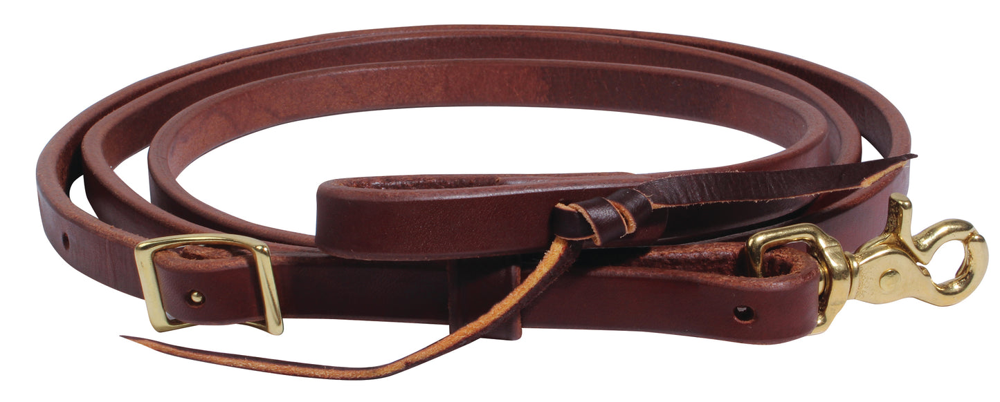 an oiled harness leather rein with a brass trigger snap and conway buckle on a white background