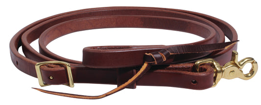 an oiled harness leather rein with a brass trigger snap and conway buckle on a white background
