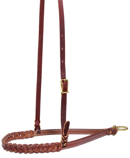 a harness leather noseband that is braided with a bleed know on the nose piece and has brass hardware