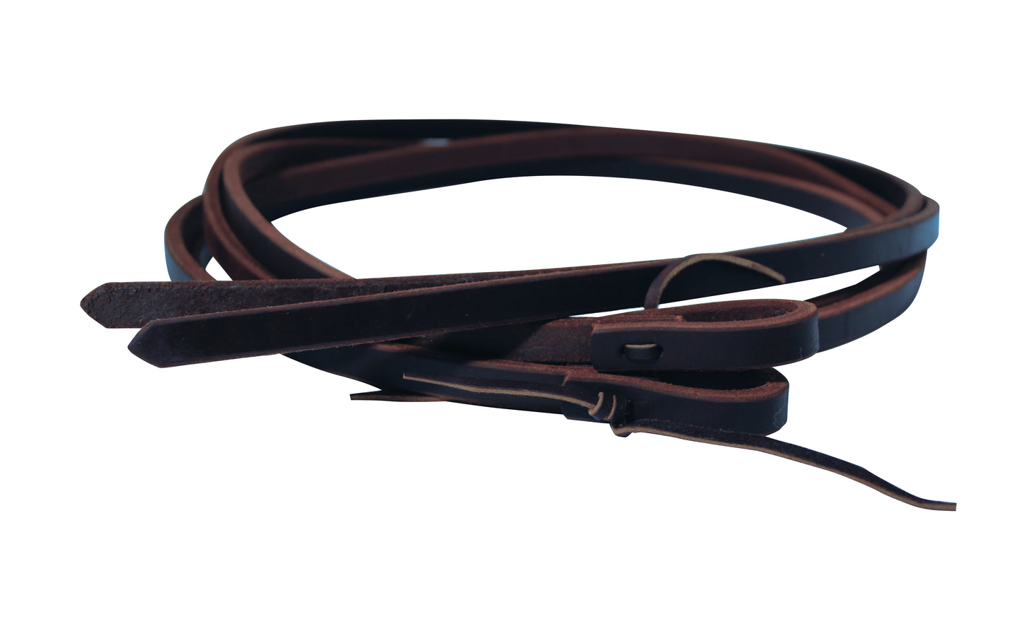 A coiled pair of split harness leather reins with lace ends, typically used for horse tack.