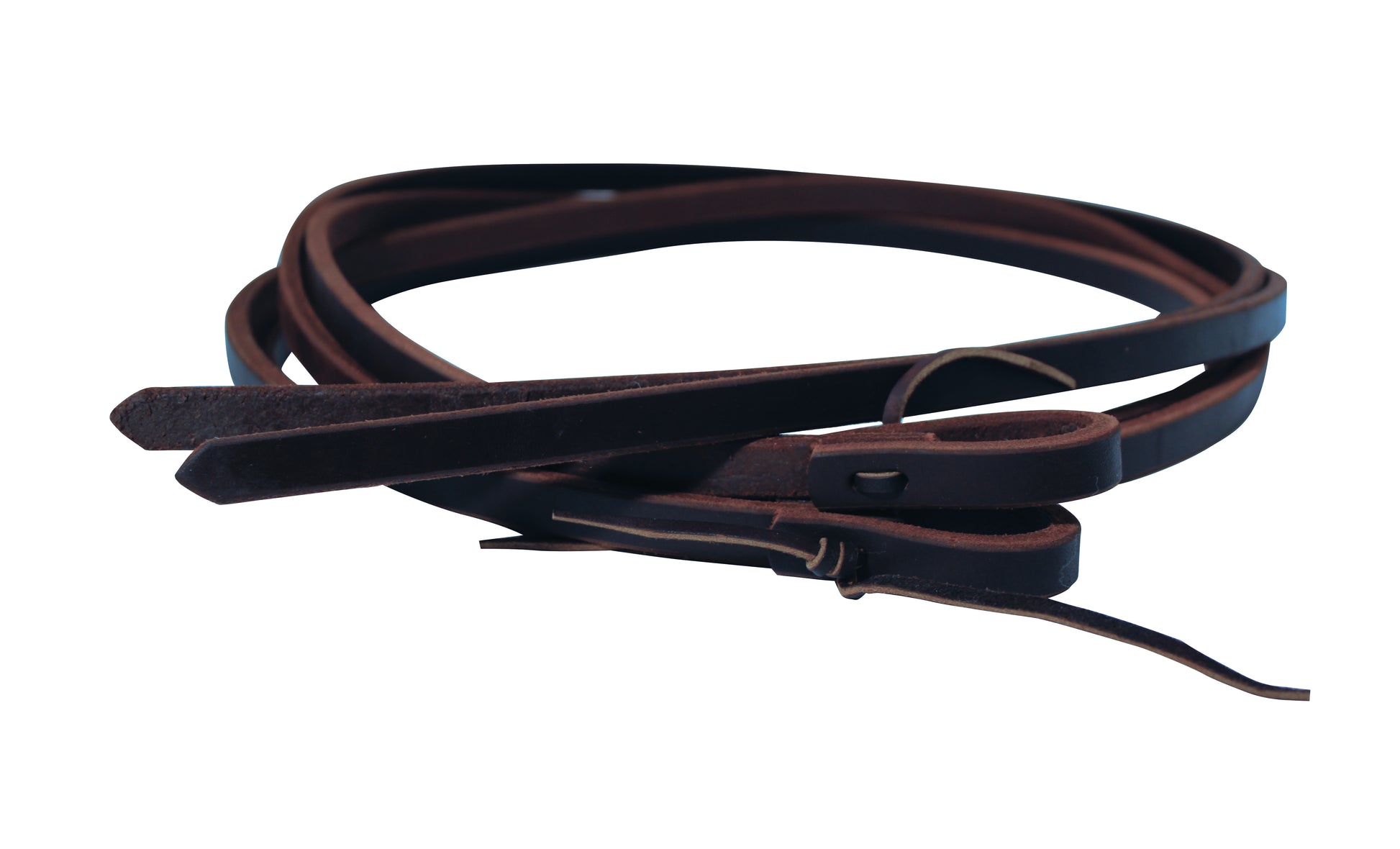 A coiled pair of split harness leather reins with lace ends, typically used for horse tack.