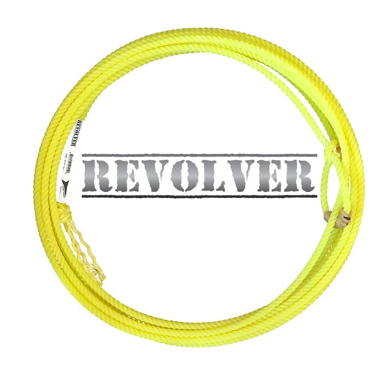 Coiled yellow rope with 'REVOLVER' text and a brand tag attached to it.