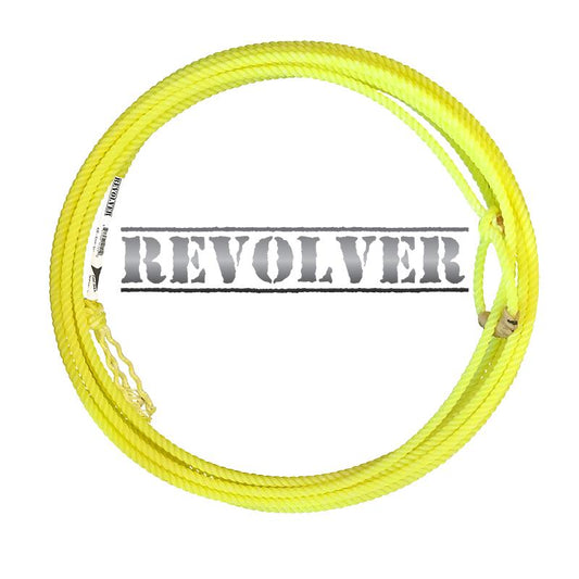 Coiled yellow rope with 'REVOLVER' text and a brand tag attached to it.