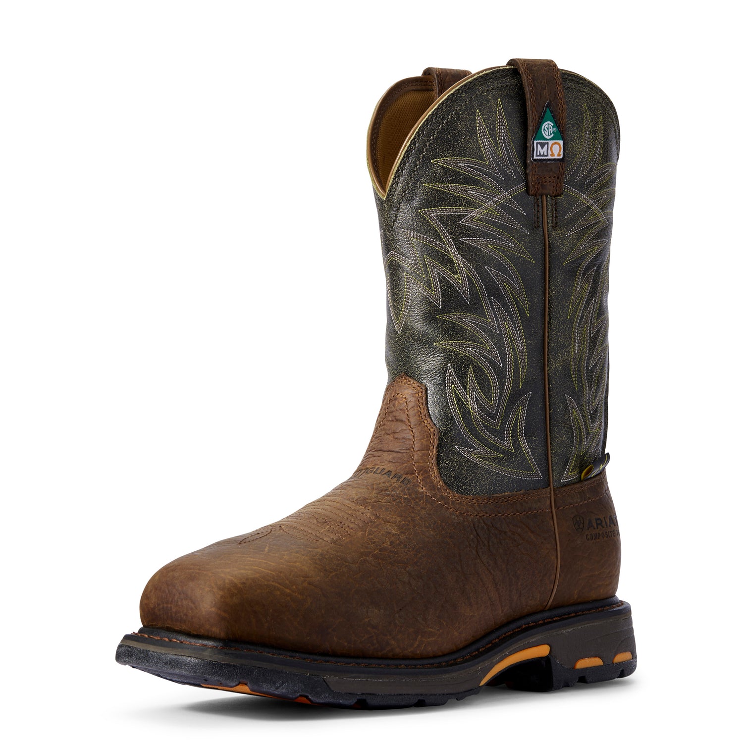 a dark green and brown 'workhog' work style boot by ariat with a green 'CSA' triangle
