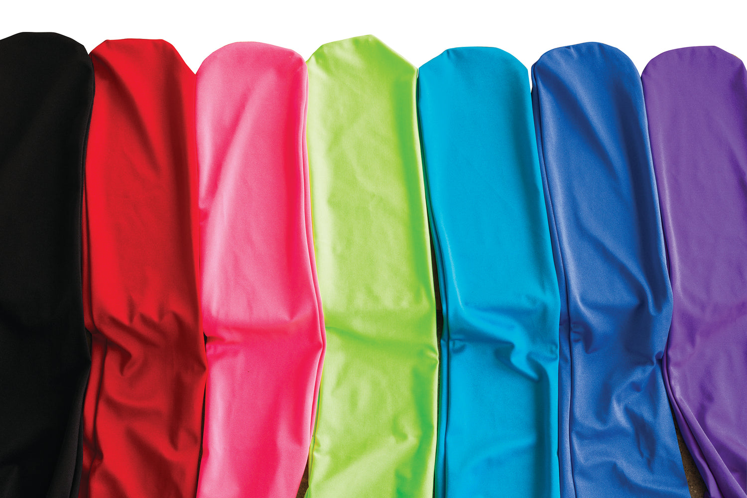 a line up of colorful lycra tail bags