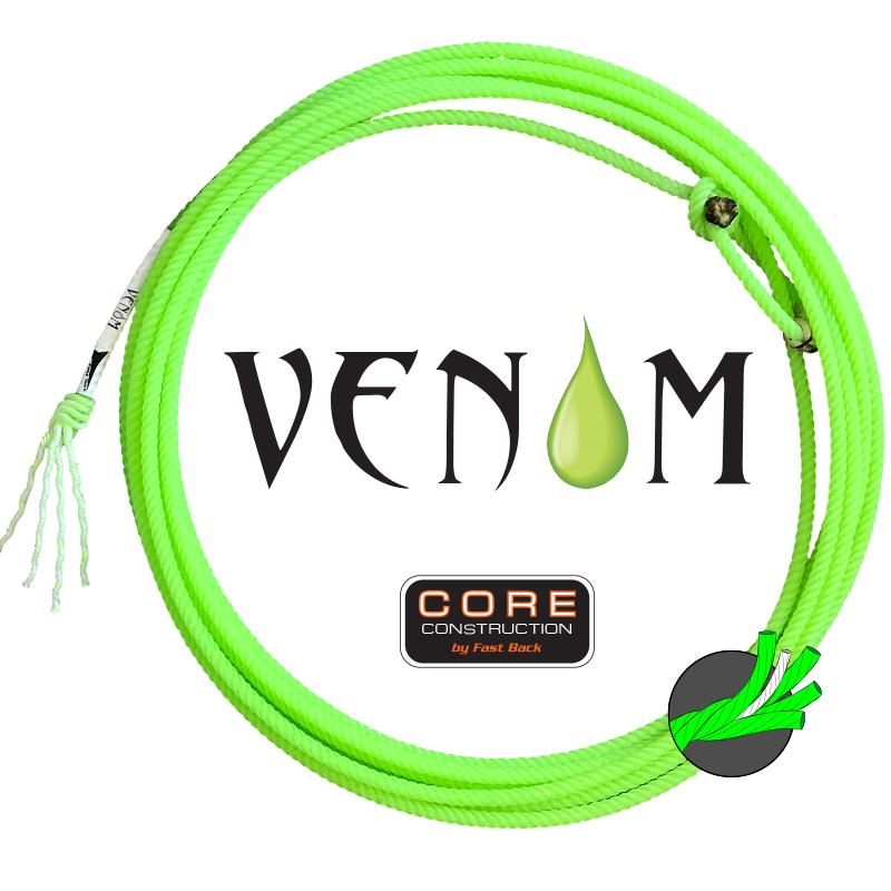 a coiled green team roping rope with the word venom in the center