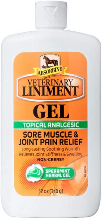 A bottle of Veterinary Liniment Gel by Absorbine, with label indicating it is for topical use on animals, specifically mentioning soothe muscle and joint pain relief.