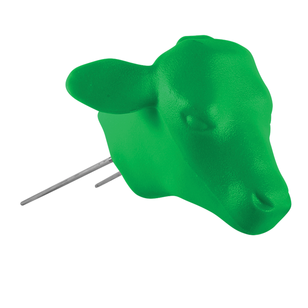 A green molded plastic calf head with two prongs for use with hay bale in calf roping practice.