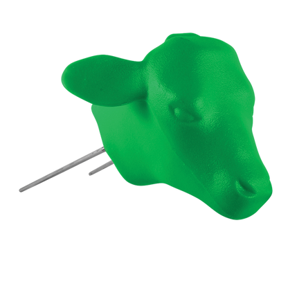 A green molded plastic calf head with two prongs for use with hay bale in calf roping practice.