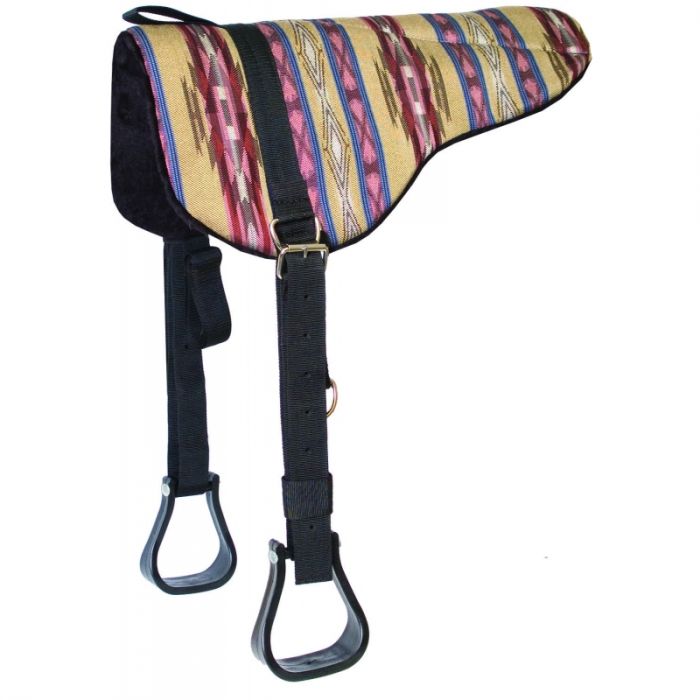 A black and brown Mustang Cordura bareback pad with a fleece bottom and adjustable stirrup straps.