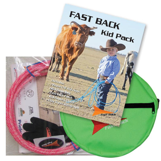 a kids roping pack that includes a rope, glove, bag, sticker and book on a white background