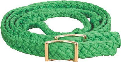 A pair of braided nylon gaming reins with nickel-plated buckles and easy grip knots.