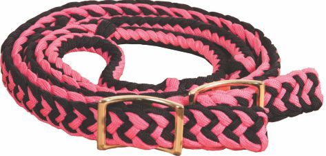 A pair of braided nylon gaming reins with nickel-plated buckles and easy grip knots.