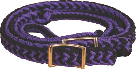 A pair of braided nylon gaming reins with nickel-plated buckles and easy grip knots.
