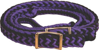 A pair of braided nylon gaming reins with nickel-plated buckles and easy grip knots.