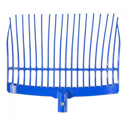 A blue plastic manure fork head designed for cleaning horse stalls, with a reinforced rounded plastic head and multiple prongs.