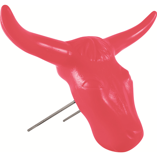 a pink plastic moulded steer head with pegs for roping practise