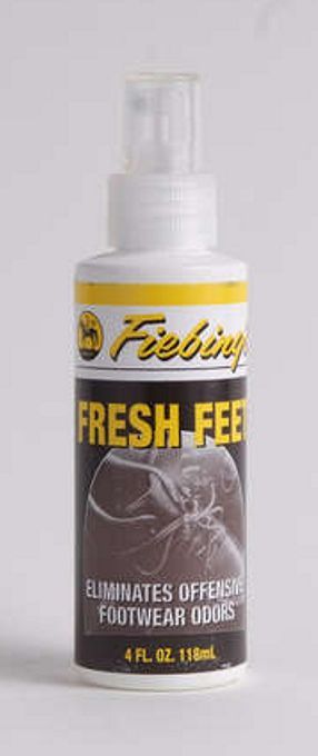 a spray bottle of 'fiebings fresh feet' spray on a whtie background