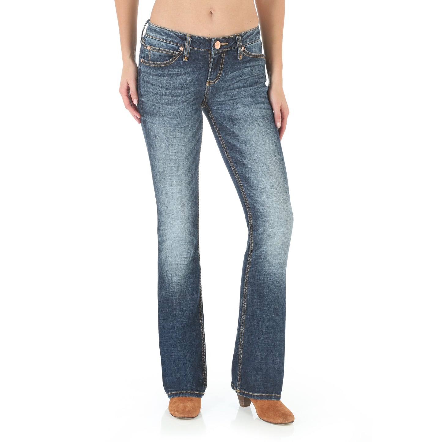A pair of women's mid-rise, stretch denim jeans by Wrangler, in a boot cut style.