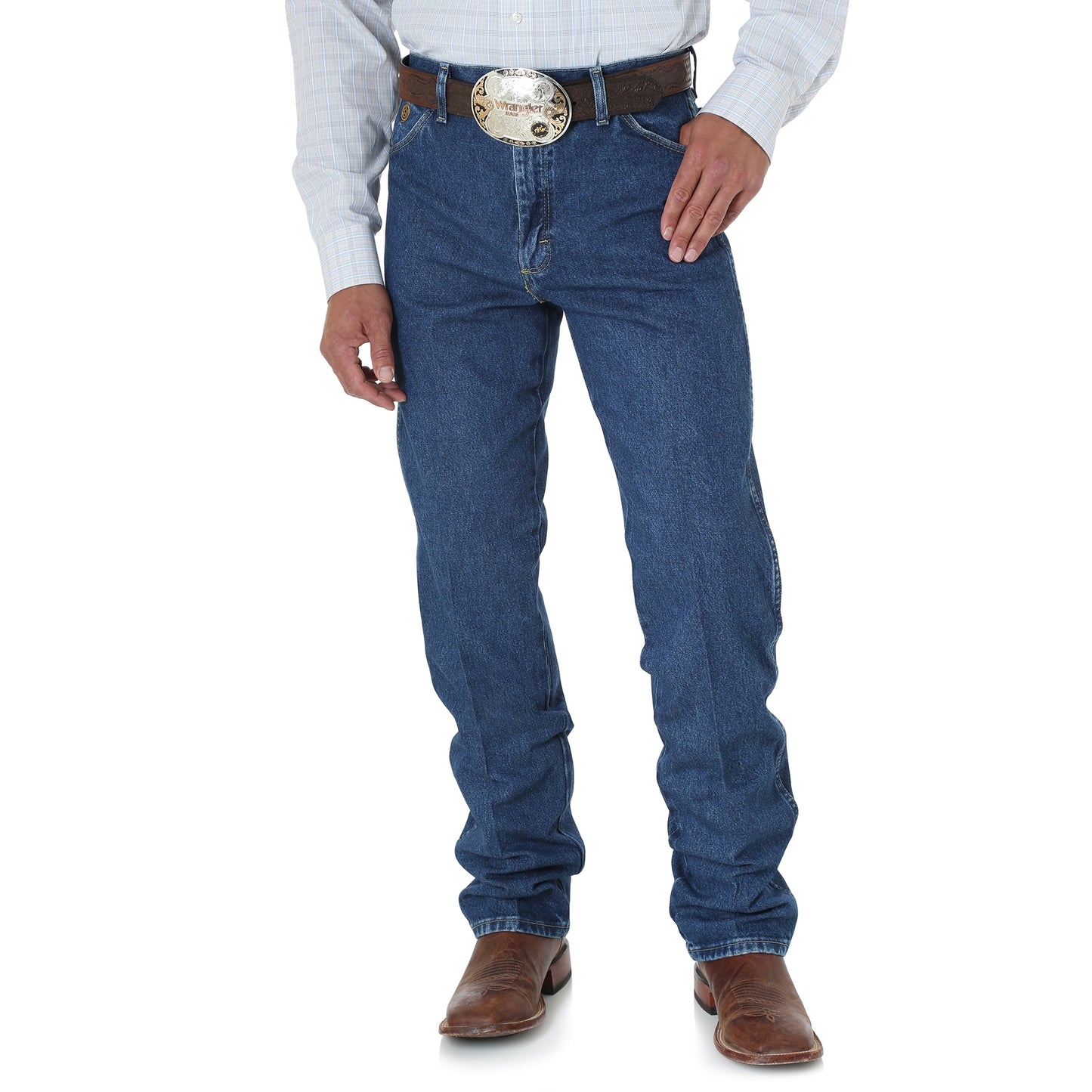 a front view of a man wearing george strait jeans on a white background